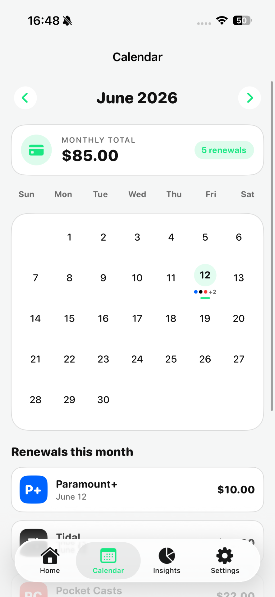 Calendar screen
