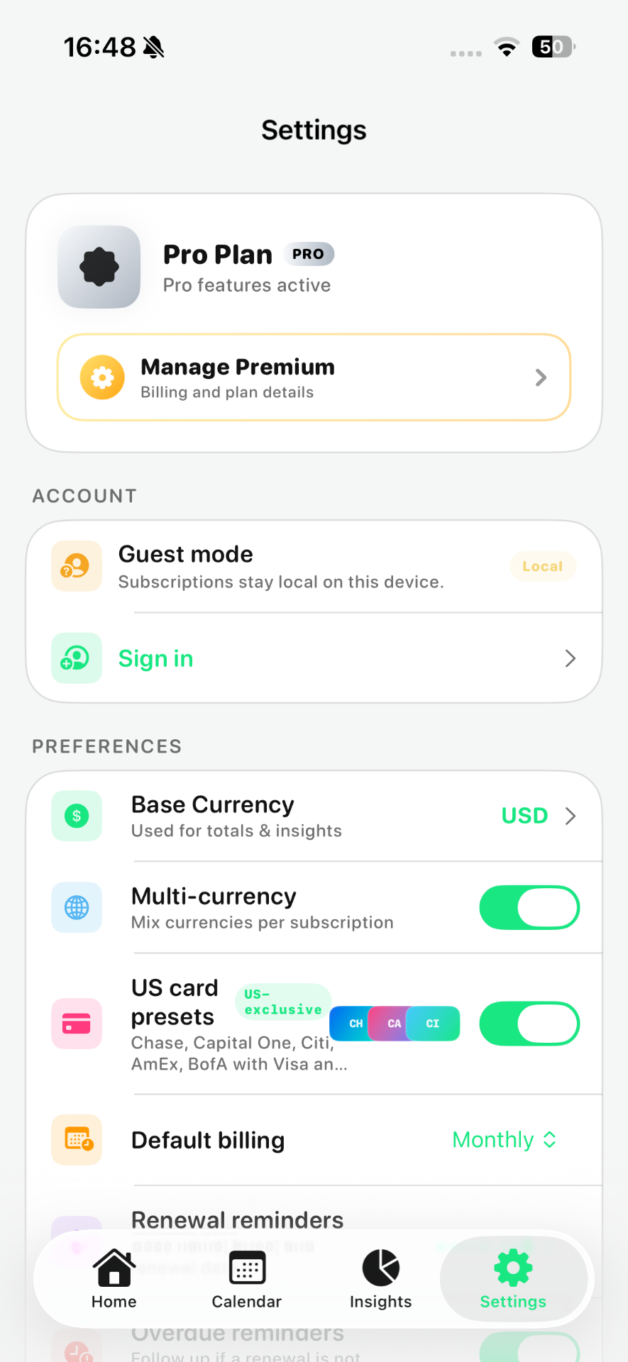 Settings screen